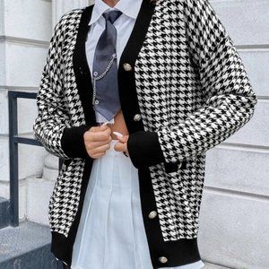 Houndstooth Print button detail Drop Shoulder knit sweater Cardigan